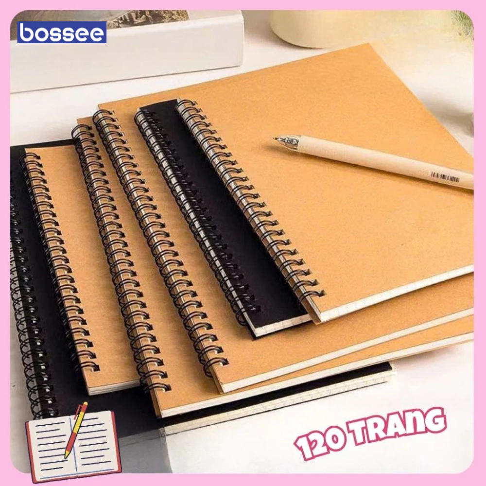 Sổ Tay Lò Xo A5/B5 Màu Nâu & Đen, Bìa Cứng, Vở Lò Xo Kẻ Ngang/Ô Vuông 120 Trang Giấy Chống Lóa, Gáy Xoắn, Bìa Giấy Kraft