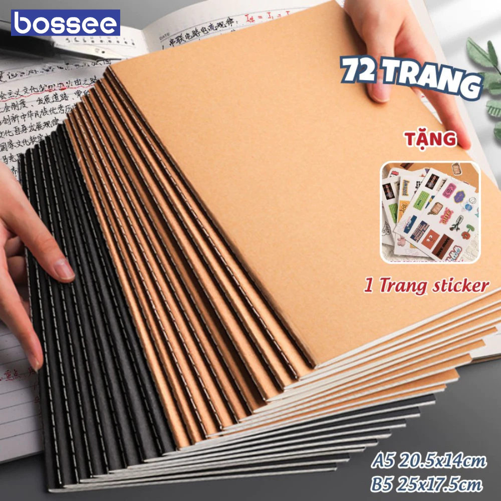 [Tặng Sticker] Set 10 Vở ghi Chép A5/B5, Sổ Khâu Gáy, Sổ Bìa Kraft Nâu Đen Giấy Dặn, Chống Lóa