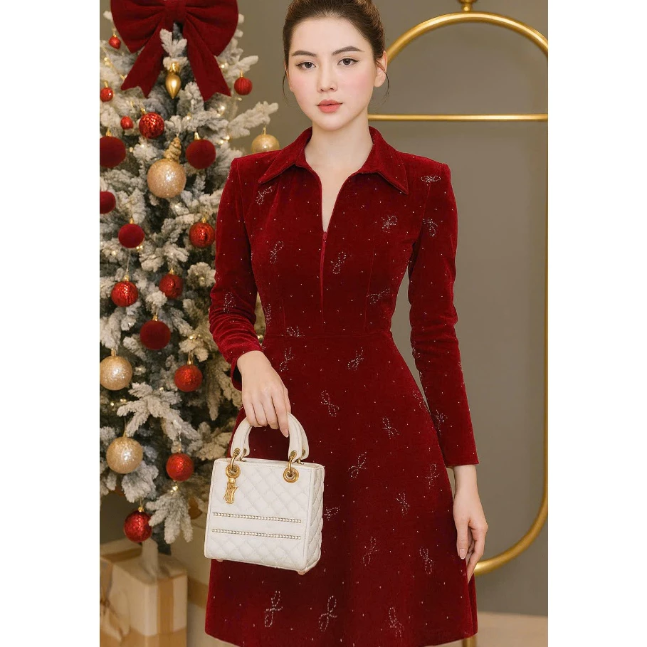 Váy nhung đinh đá 2 lớp, váy thiết kế Rosy S16 dáng A trẻ trung, phù hợp đi chơi, đi tiệc và đi làm