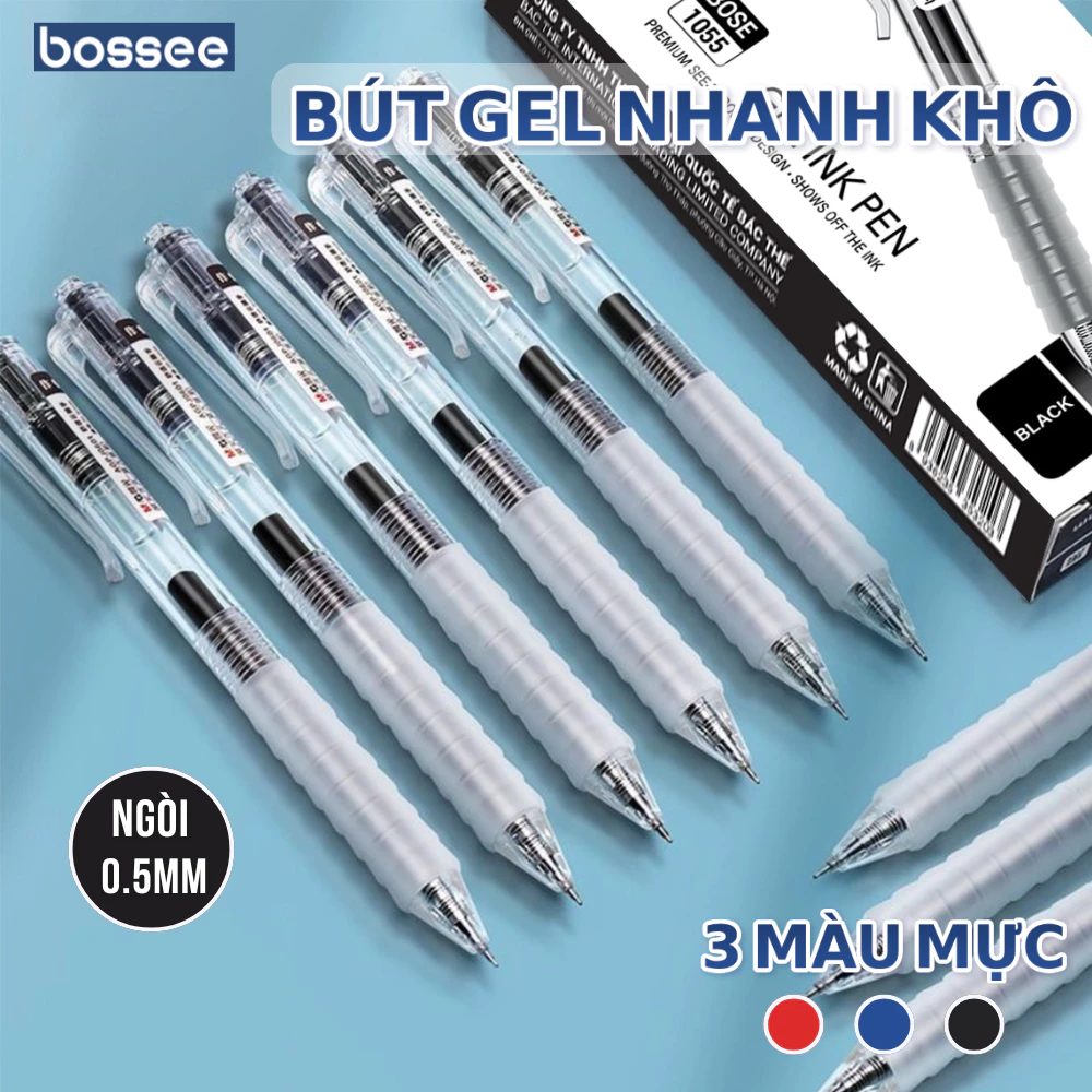 Bút Gel Bấm Bossee Viết Nhanh Khô Ngòi ST 0.5mm 3 màu Đen Đỏ Xanh Nét Đều Viết Đẹp
