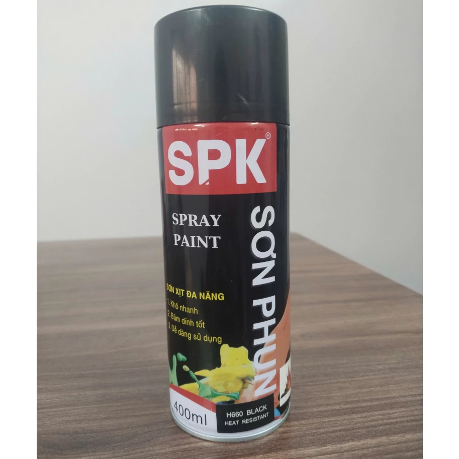 Sơn xịt chịu nhiệt SPK, không cần sơn lót, chịu nhiệt lên đến 600 độ C, Hai màu ĐEN BÓNG - NHŨ BẠC