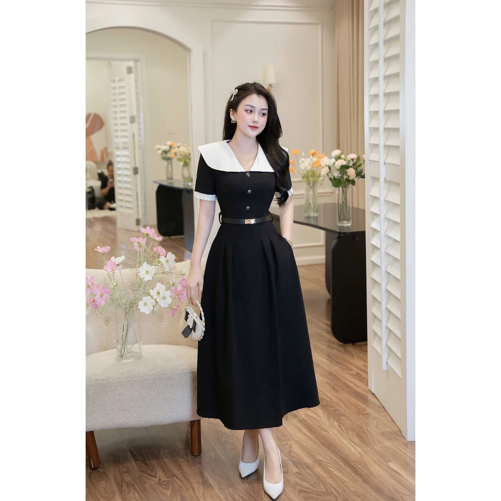 Rosy V65_Váy thiết kế dáng A thiết kế cổ V sang trọng phù hợp đi làm, đi chơi và đi tiệc (tặng kèm thắt lưng)