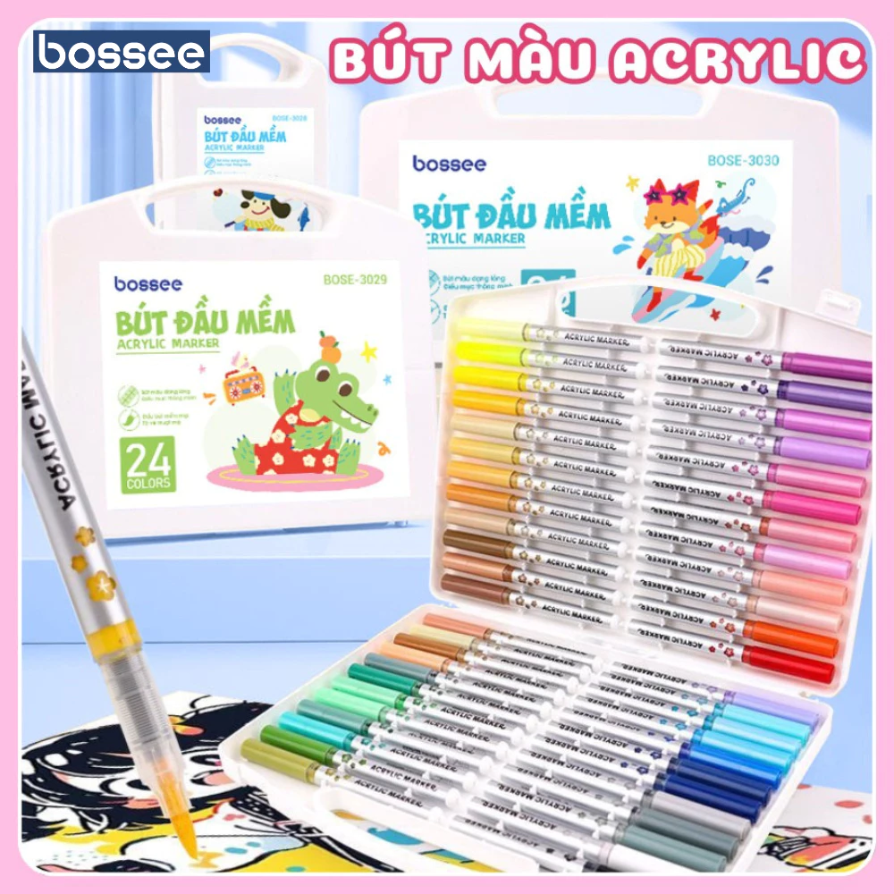 Bộ 12/24/36/48/60 Màu Maker Đầu Lông Mềm Cao Cấp Bossee, Bút Màu Acrylic Marker Ngòi To Không Lem