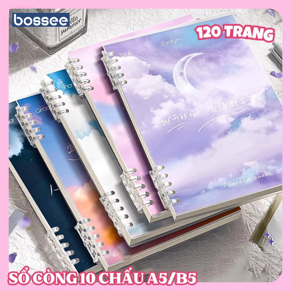 Sổ còng A5/B5 120 trang, bìa sổ còng họa tiết đám mây 10 lỗ kèm giấy kẻ ngang kẻ vuông - Sổ tay gáy xoắn khuyết còng